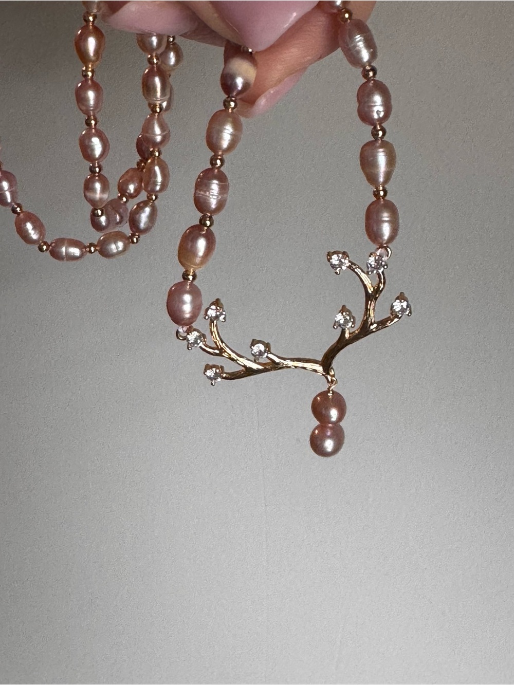 Pink Real Freshwater Pearl Necklace Golden Antlers